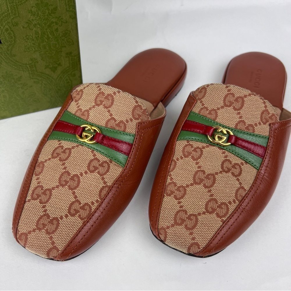 Gucci Brown GG Canvas and Leather Horsebit Mules with Red & Green Web - Picture 3 of 8